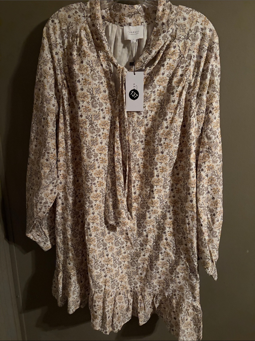 Heathered Floral Tie-Neck dress- Cream and Brown large